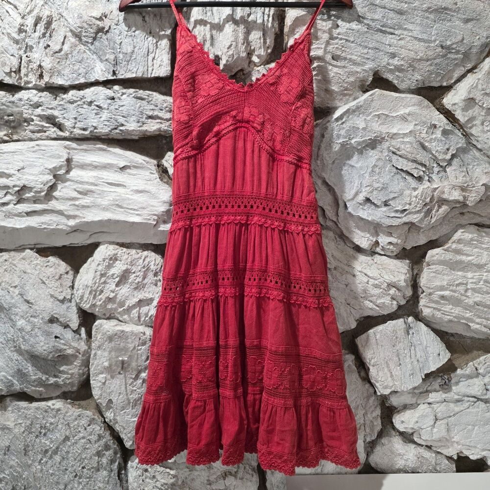 Scully Western Floral Dress Women Faded  Red Embroidered Crochet Boho Tiered S